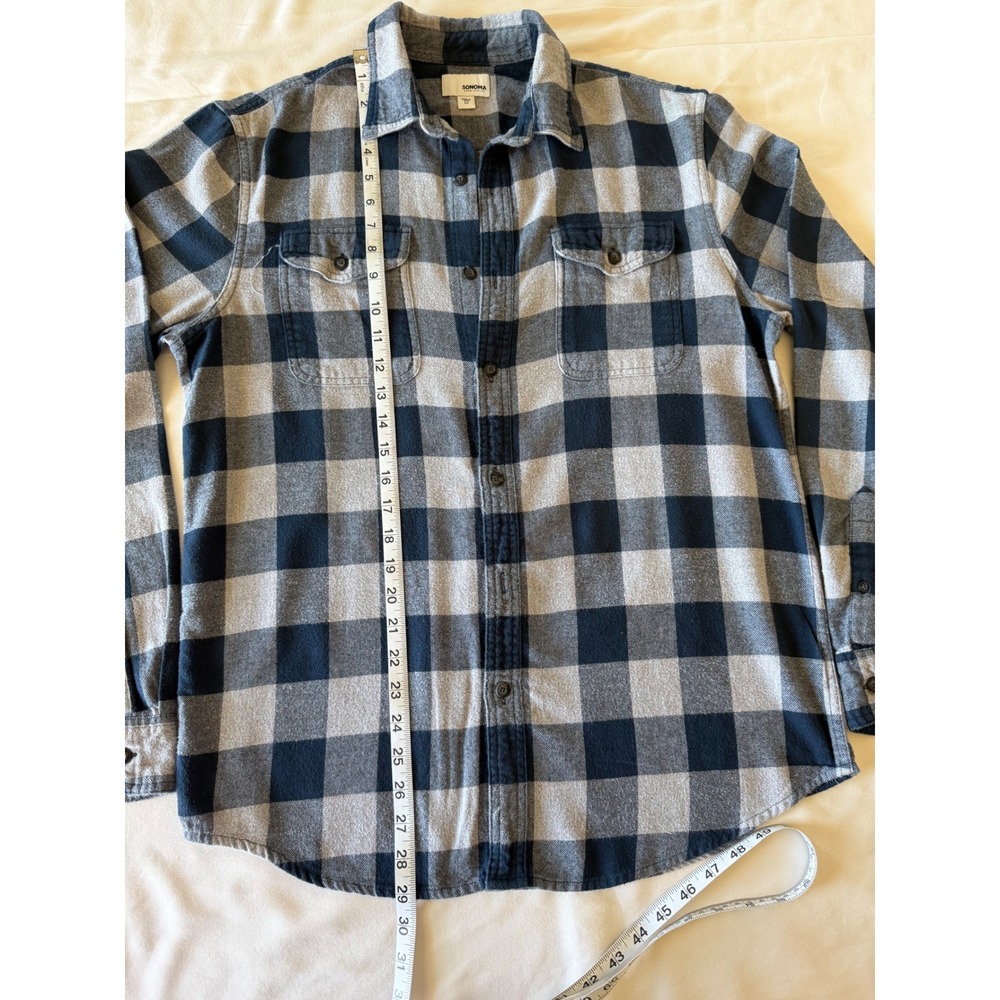 Sonoma Mens Flannel Shirt Medium Blue Grey Buffalo Plaid Long Sleeve Button Down - Picture 4 of 7